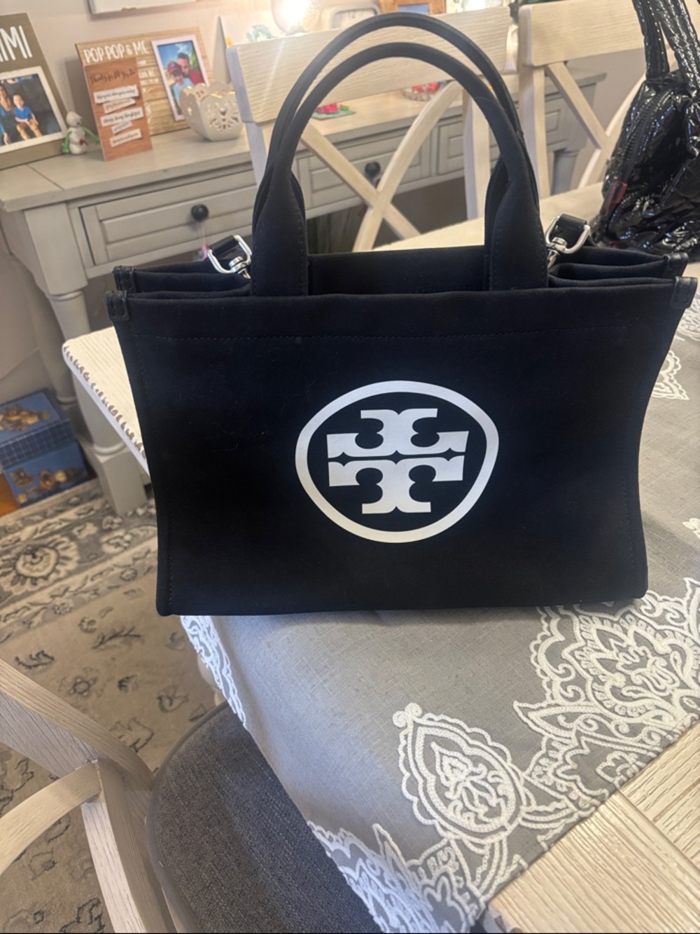 Tory Burch Black canvas Tote with White Logo